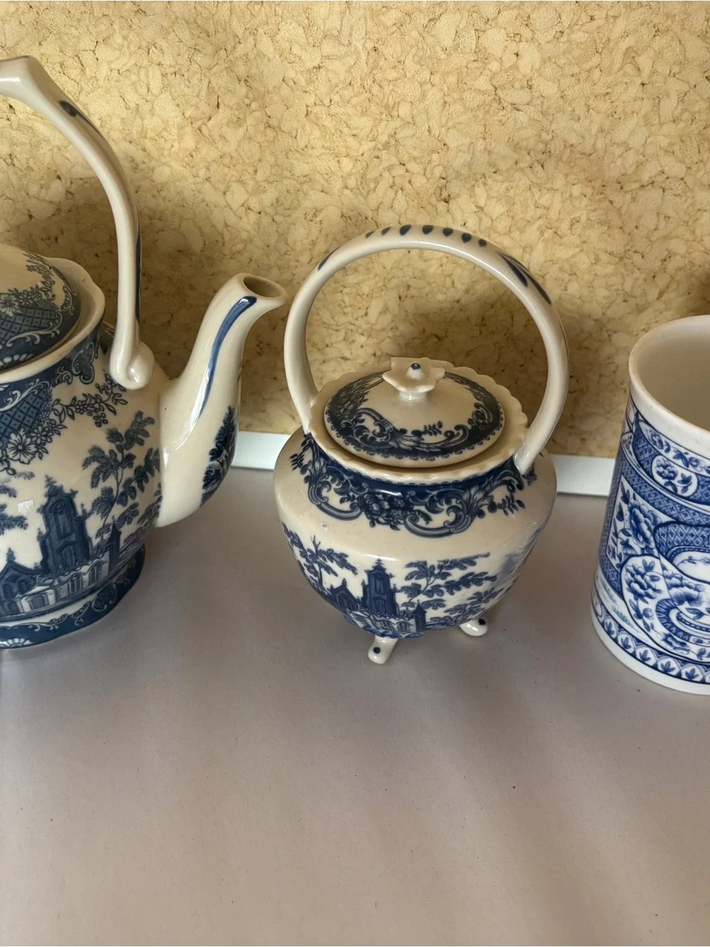 Vintage Blue and White Porcelain Teapot with Handle